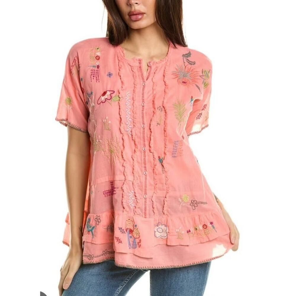 Johnny Was Embroidered Pink Ruffle Cotton Blouse Boho Floral Top Small